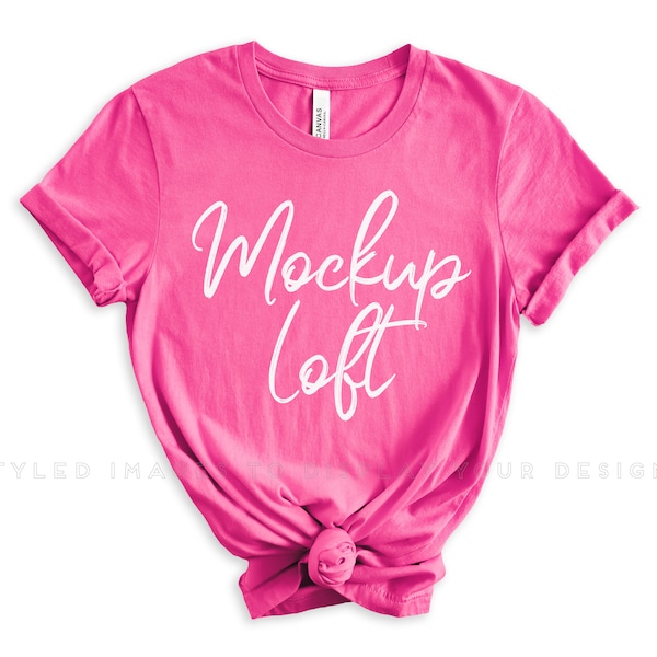 Bella Canvas 3001 Mockup Charity Pink | Pink T Shirt Mockup | Knotted T Shirt Flat Lay Mockup | 3001 Charity Pink Mockup | SKU T0532