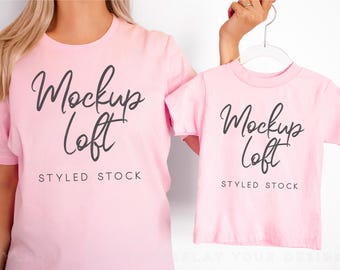 Mommy and Me Shirt Mockup | Pink Bella Canvas 3001 and 3001T Toddler T shirt Mockup | Matching Outfits Mockup | Mama Mini Mockup | SKU T0623