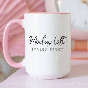 Pink Handle Mug Mockup | 15 oz. Ceramic Mug Mockup | White Coffee Mug Styled Stock Photo | Digital JPEG IMAGE | SKU M0053
