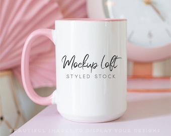 Pink Handle Mug Mockup | 15 oz. Ceramic Mug Mockup | White Coffee Mug Styled Stock Photo | Digital JPEG IMAGE | SKU M0053
