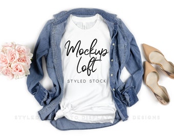 Bella Canvas 3001 Mockup Weiß | Weißes T Shirt Mockup | Weißes 3001 T-Shirt Mockup | gestyltes Flay Lay Mockup | SKU T0165