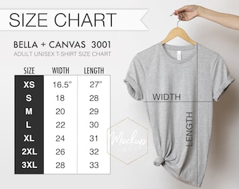 Bella Canvas 3001 Size Chart, Tshirt Measurements, 3001 Size Chart, Unisex Jersey T-shirt, Bella Canvas Size Chart, SKU SC010