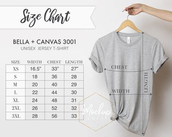 Size Chart, Bella Canvas 3001, Tshirt Measurements, 3001 Size Chart, Unisex Jersey T-shirt, Bella Canvas Size Chart, SKU SC027