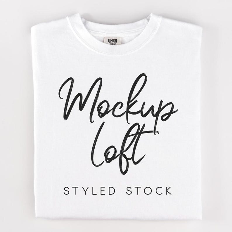May include: White t-shirt mockup with the text "Mockups Loft" and "Styled Stock" printed on the front.
