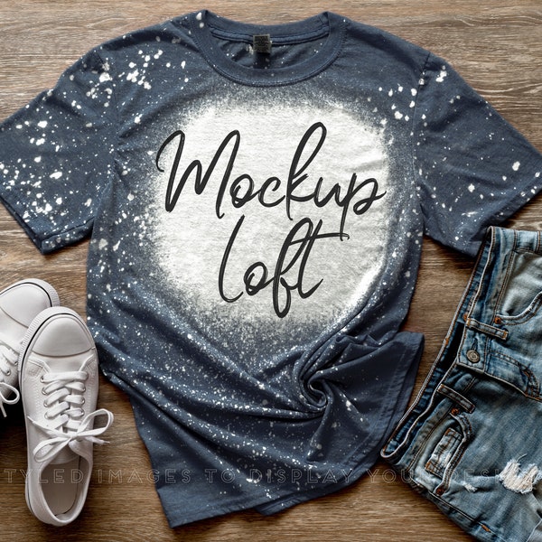 Bleached T Shirt Mockup Heather Navy | Bleached Navy T Shirt Mockup | Flat Lay Mockup | Digital JPEG Image | SKU T0561