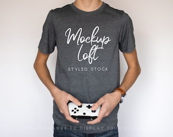 Gamer T Shirt Mockup | Dark Heather Grey T Shirt Mockup | Teenager T Shirt Mockup | Gray T Shirt Mockup | Model Mockup | SKU T0399