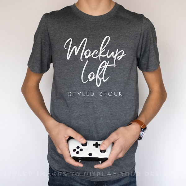 Gamer T Shirt Mockup | Dark Heather Grey T Shirt Mockup | Teenager T Shirt Mockup | Gray T Shirt Mockup | Model Mockup | SKU T0399