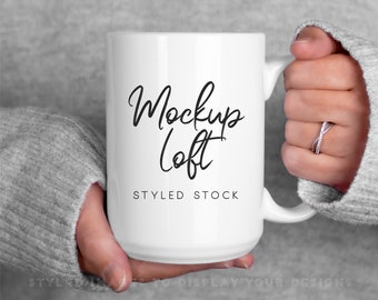 Model Mug Mockup | 15 oz. Ceramic Mug Mockup | White Coffee Mug Styled Stock Photo | Digital JPEG IMAGE | SKU M0068