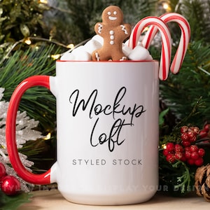 Christmas Mug Mockup | 15 oz. Ceramic Mug Mockup | Coffee Mug with Red Handle | Digital JPEG IMAGE | Styled Stock Photo | SKU M0042