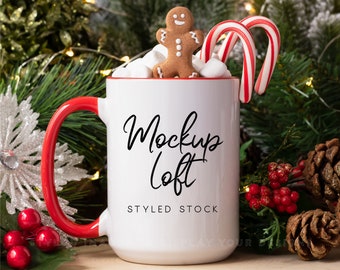 Christmas Mug Mockup | 15 oz. Ceramic Mug Mockup | Coffee Mug with Red Handle | Digital JPEG IMAGE | Styled Stock Photo | SKU M0042