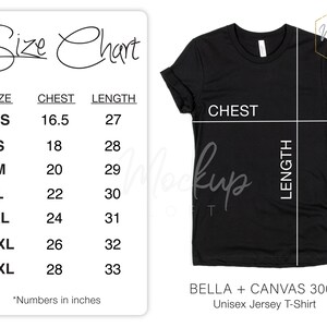Puede incluir: Tabla de tallas para una camiseta de jersey unisex Bella + Canvas 3001 de color negro. La tabla muestra las medidas de pecho y largo en pulgadas para las tallas XS a 3XL.