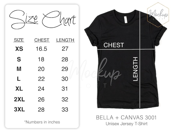 Tshirt Size Chart, Bella Canvas 3001 Size Chart, Tshirt Measurements, Unisex Jersey T-shirt, Bella Canvas Size Chart, SKU SC008
