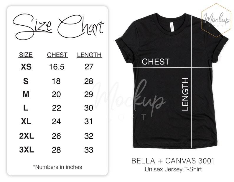 Puede incluir: Tabla de tallas para una camiseta de jersey unisex Bella + Canvas 3001 de color negro. La tabla muestra las medidas de pecho y largo en pulgadas para las tallas XS a 3XL.