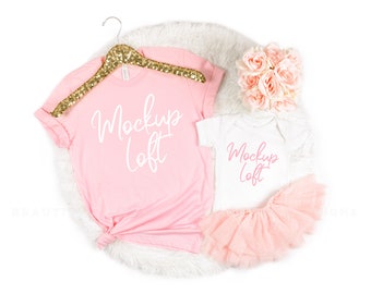 Mommy and Me Shirt Mockup | Bella Canvas 3001 Mockup Pink | 100B Pink One Piece Mockup | Matching Outfits Mockup | SKU T0226