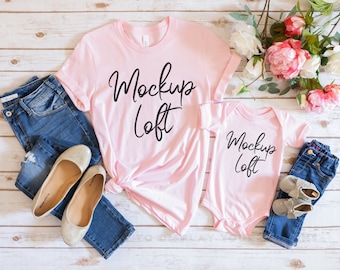 Mother and Baby Shirt Mockup | Bella Canvas 3001 Mockup Pink | Mother and Daughter Shirts | Matching Outfits Mockup | SKU T0091