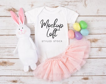 Easter Mockup | Bella Canvas 100B Mockup White | White One Piece Mockup | Baby Bodysuit Mockup | Baby Girl Mockup | SKU T0193