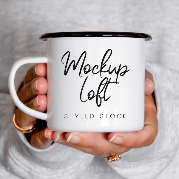 Camping Mug Mockup | Enamel Camp Mug with Black Rim Mockup | Model Mug Mockup | Styled Stock Photo | Digital JPEG Image | SKU M0064