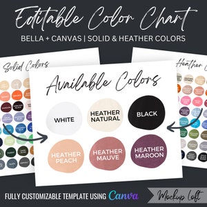 Bella Canvas Color Chart | Editable Canva Template | Solid and Heather Colors | Editable Color Chart | SKU CC001