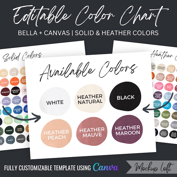 Bella Canvas Color Chart | Editable Canva Template | Solid and Heather Colors | Editable Color Chart | SKU CC001