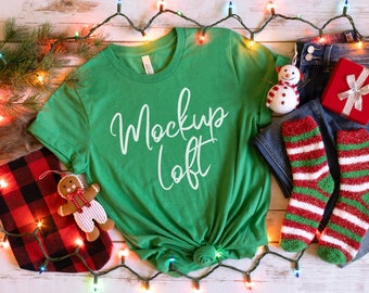 Bella Canvas 3001 Mockup Heather Kelly Green T Shirt Mockup | Christmas T Shirt Mockup | Winter T Shirt Mockup | SKU T0357