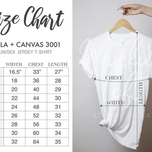 Tabella taglie, Bella Canvas 3001, Misure maglietta, Tabella taglie 3001, T-shirt Unisex Jersey, Bella Canvas Carta taglie, SKU SC015