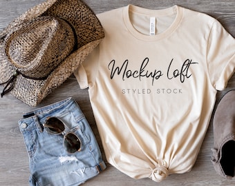 Bella Canvas 3001 Mockup Soft Cream | Styled Flat Lay | Soft Cream Tshirt Mockup | Boho Summer T shirt Mockup | SKU T0437