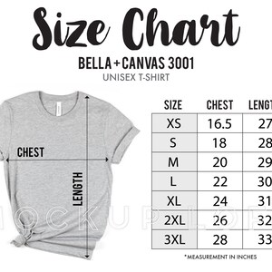 Bella Canvas 3001 Size Chart, Tshirt Measurements, 3001 Size Chart, Unisex Jersey T-shirt, Bella Canvas Size Chart, SKU SC003