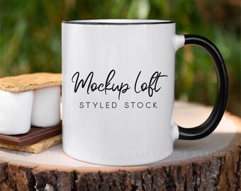 Mug Mockup | 11 oz. Ceramic Mug Mockup | White Coffee Mug with Black Handle and Rim Styled Stock Photo | Digital JPEG IMAGE | SKU M0018