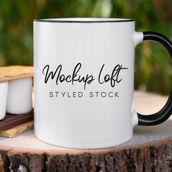 Mug Mockup | 11 oz. Ceramic Mug Mockup | White Coffee Mug with Black Handle and Rim Styled Stock Photo | Digital JPEG IMAGE | SKU M0018