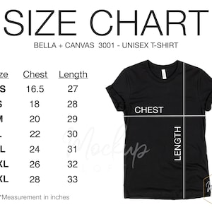 Tshirt Size Chart, Bella Canvas 3001, Tshirt Measurements, 3001 Size Chart, Unisex Jersey T-shirt, Bella Canvas Size Chart, SKU SC007