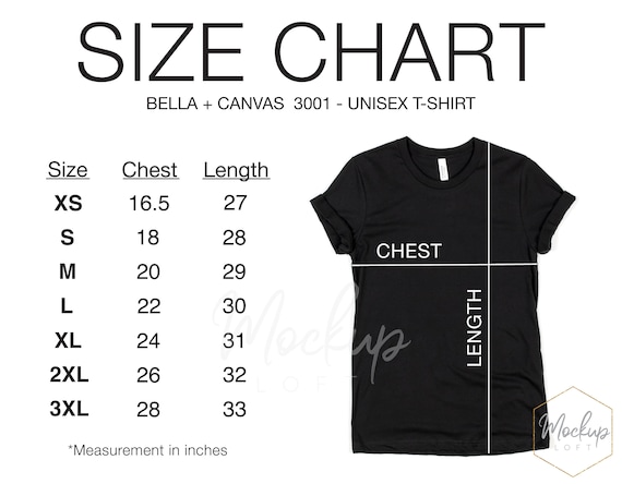 Tshirt Size Chart, Bella Canvas 3001, Tshirt Measurements, 3001 Size Chart, Unisex Jersey T-shirt, Bella Canvas Size Chart, SKU SC007
