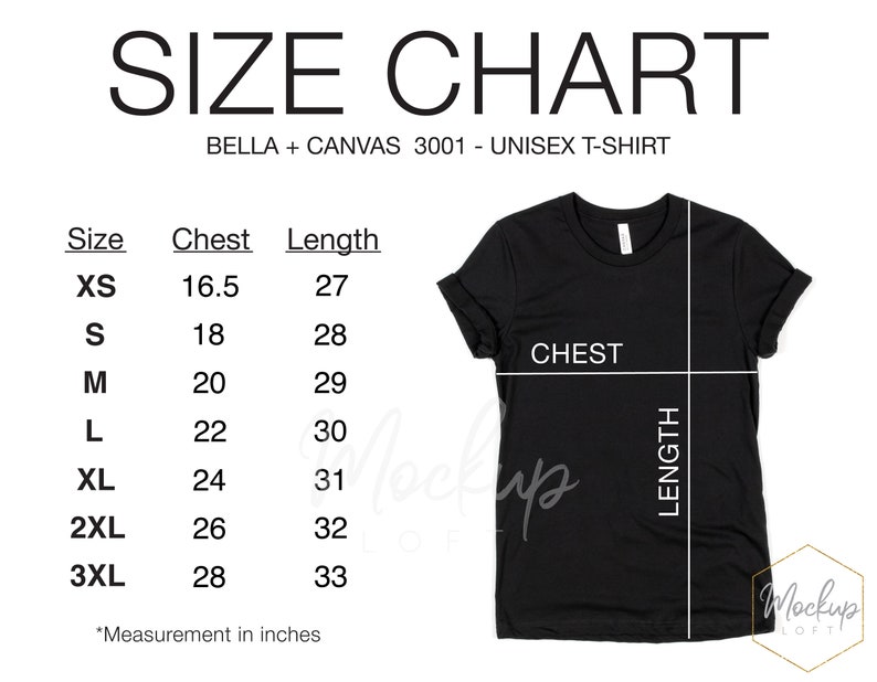 May include: Size chart for Bella + Canvas 3001 unisex t-shirt. The chart shows chest and length measurements in inches for sizes XS to 3XL.