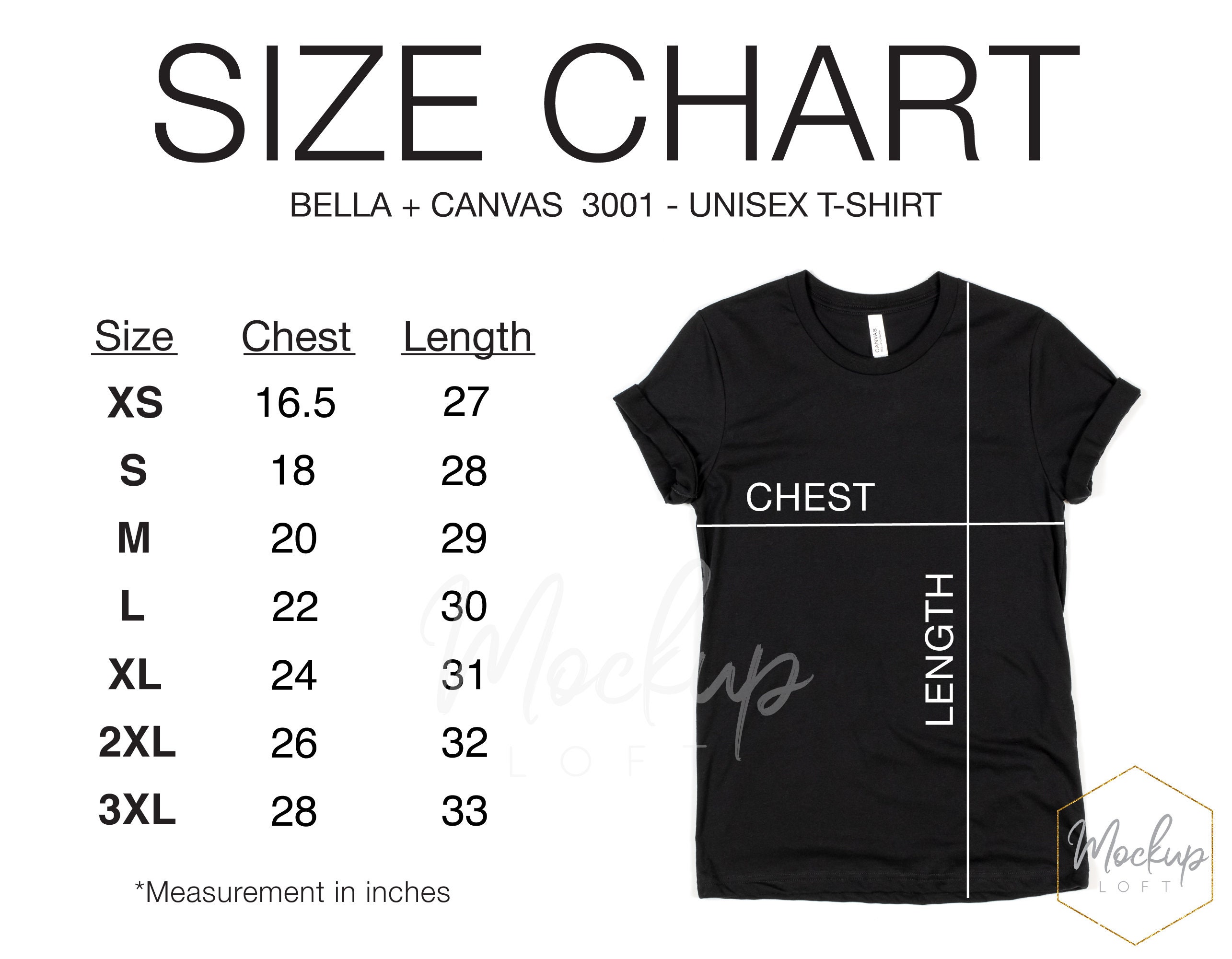 Tshirt Size Chart, Bella Canvas 3001, Tshirt Measurements, 3001