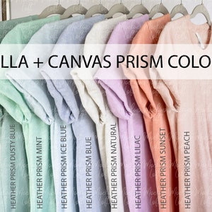 Bella Canvas 3001 Heather Prism Colors Chart / Heather Prism Dusty Blue, Mint, Ice Blue, Blue, Natural, Lila, Sunset, Peach / SKU CC002