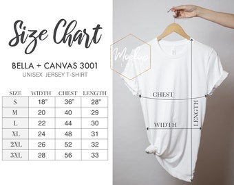 Tabla de tallas, Bella Canvas 3001, Medidas de camiseta, Tabla de tallas 3001, Camiseta de jersey unisex, Tabla de tallas Bella Canvas, SKU SC018