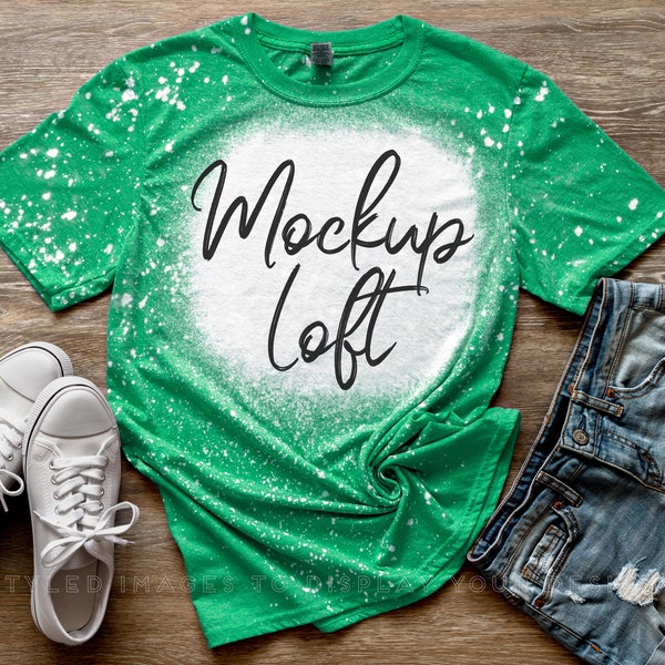 Bleached T Shirt Mockup Heather Irish Green | Bleached Heather Irish Green T Shirt Mockup | Digital JPEG Image | Styled Flat Lay | SKU T0571