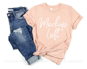 Bella Canvas 3001 Mockup Heather Peach Tshirt Mockup | Styled Flat Lay | Knotted Shirt Flat Lay Mockup | SKU T0145