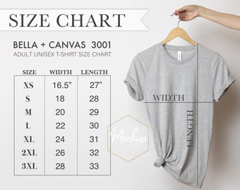 Bella Canvas 3001 Size Chart, Tshirt Measurements, 3001 Size Chart, Unisex Jersey T-shirt, Bella Canvas Size Chart, SKU SC011