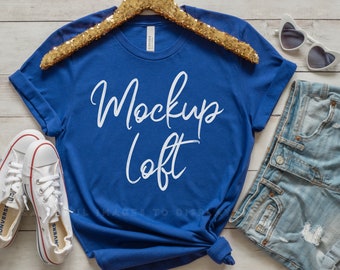 Bella Canvas 3001 Mockup True Royal | Knotted T shirt Mockup with Gold Sequin hanger flat lay | 3001 True Royal T Shirt Mockup | SKU T0486