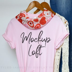 Valentine&#39;s Day Tshirt Mockup | Bella Canvas 3001 Mockup Pink | Pink 3001 Mockup | Hanging Tshirt Mockup | SKU T0084