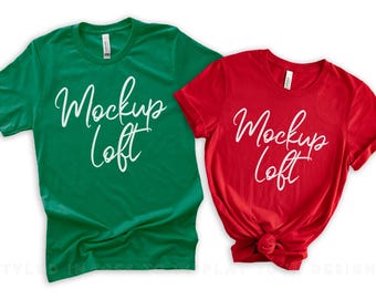 Weihnachtspaar Mockup | Bella Canvas 3001 Mockup Kelly Grün und Rot | Weihnachtsmockup | Rotes und grünes Paar T-Shirt Mockup | SKU T0619