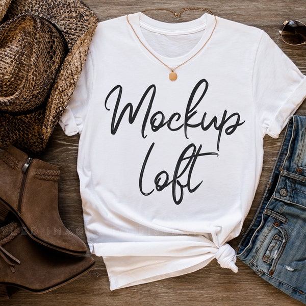 Bella Canvas 3001 Mockup White | White T Shirt Mockup | Western T Shirt Mockup with Cowboy Hat and Boots | Styled Flat Lay | SKU T0496