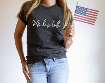4th of July Mockup | Bella Canvas 3001 Mockup Heather Dark Gray T shirt | Model Mockup Heather Dark Gray T Shirt Mockup | SKU T0280