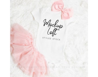 Baby Bodysuit Mockup White | White One Piece Mockup | Baby Girl Mockup | Tutu | SKU T0029