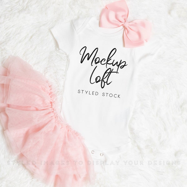 Baby Bodysuit Mockup White | White One Piece Mockup | Baby Girl Mockup | Tutu | SKU T0029