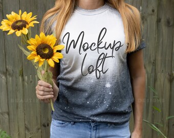 Bleached T Shirt with Sunflowers Mockup | Bleached Dark Heather Grey T Shirt Mockup | Bleached Model Mockup | SKU T0283
