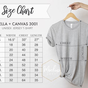 Größentabelle, Bella Canvas 3001, Tshirt Maße, 3001 Größentabelle, Unisex Jersey T-shirt, Bella Canvas Größentabelle, SKU SC012