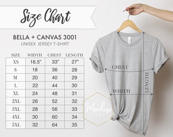 Size Chart, Bella Canvas 3001, Tshirt Measurements, 3001 Size Chart, Unisex Jersey T-shirt, Bella Canvas Size Chart, SKU SC012