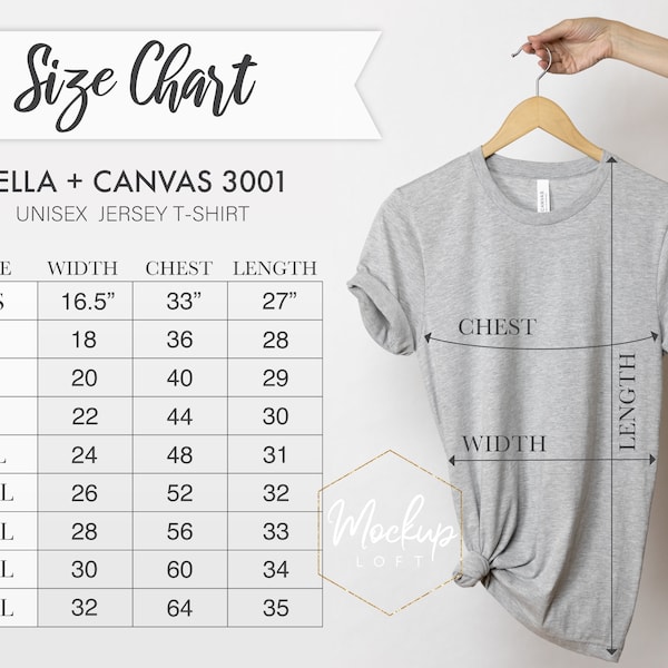 Size Chart, Bella Canvas 3001, Tshirt Measurements, 3001 Size Chart, Unisex Jersey T-shirt, Bella Canvas Size Chart, SKU SC012