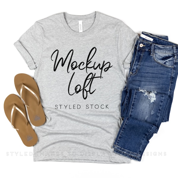 Bella Canvas 3001 Mockup Athletic Heather Gray | Gray T Shirt Mockup | Spring Summer Mockup | Styled Flat Lay | SKU T0019